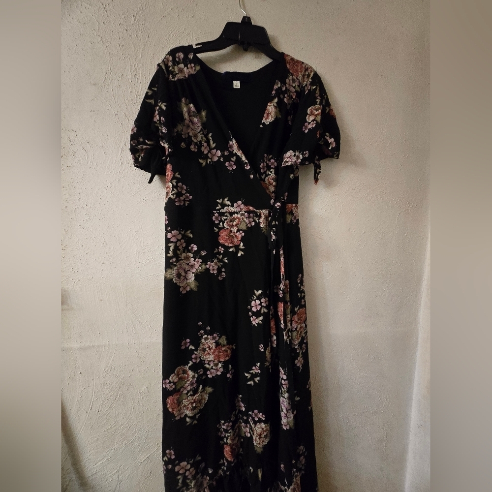 Blue Rain Black Floral Wrap Maxi Dress